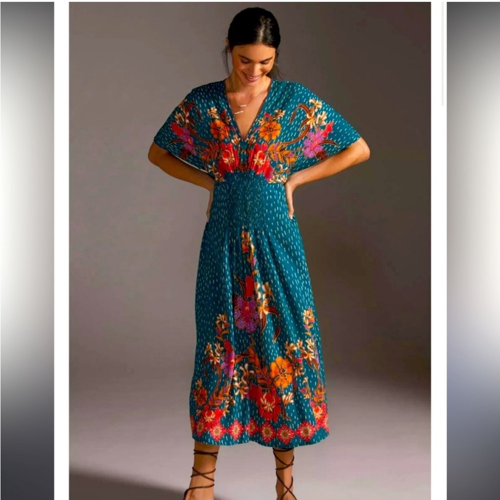 Blank London Anthropologie Tatiana Dark Teal Floral Kaftan Midi Dress
